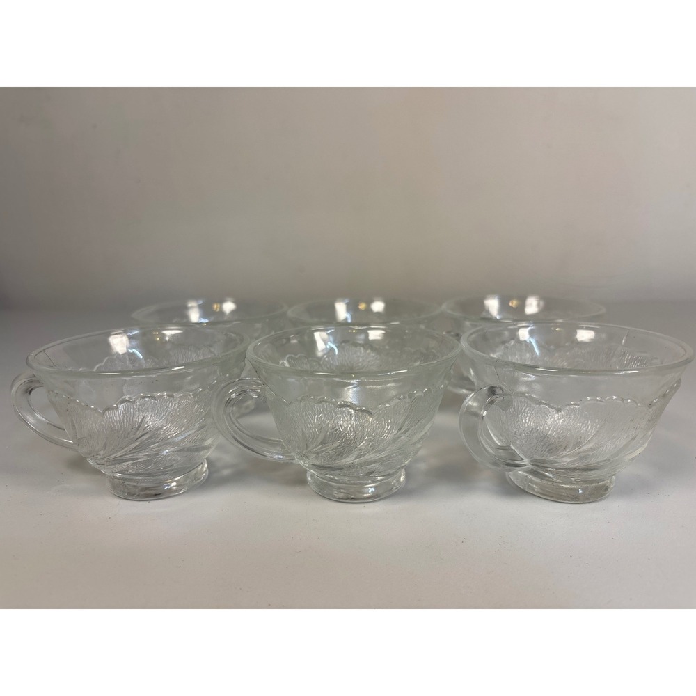 Vintage Federal Glass Petal Pattern Clear Tea Cups Set of 6 Scalloped Rim